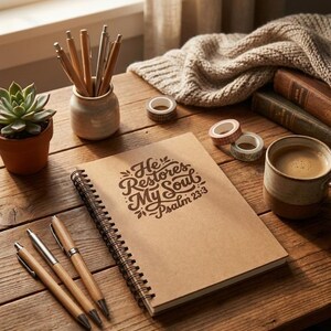 Könnte beinhalten: Ein Notizbuch mit dem Text "He Restores My Soul Psalm 23:3" liegt auf einem Holztisch, zusammen mit Stiften, Bleistiften, einer Kaffeetasse und dekorativen Klebebandrollen. Eine kleine Sukkulente im Topf ist ebenfalls zu sehen.