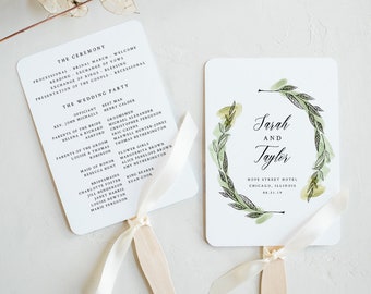 Greenery Wedding Fan Program, Printable Wedding Program Fan Template, Greenery Wedding Programs, Order of Service, EDIT in TEMPLLETT, Sarah