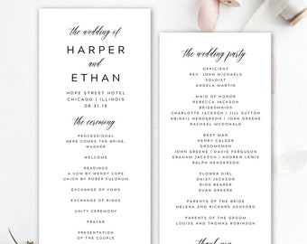 Black and White Wedding Program, Printable Wedding Program Template, Minimalist Wedding Program Template, EDIT in TEMPLETT, Harper