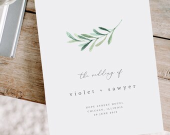 Folded Wedding Program, Greenery Wedding Program Template, Printable Wedding Program, Order of Service, EDIT in TEMPLETT, Violet