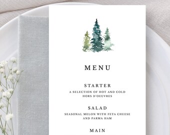 Rustic Pine Tree Wedding Menu Template, Printable Forest Greenery Wedding Table Menu Card Template #019