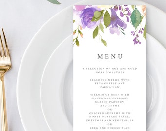 Purple Floral Wedding Menu Printable Template, Lavender Watercolor Wedding Menu Card #012 WM1