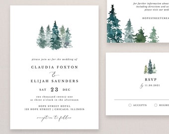 Pine Wedding Invitation Template, Printable Rustic Trees Forest Wedding Invitation Suite #019