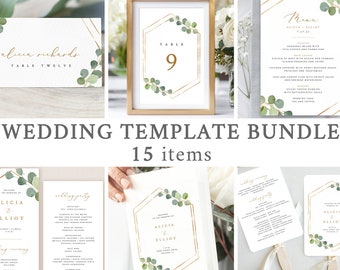 Greenery and Geometric Wedding Template Bundle, Printable Boho Wedding Invitation and Day Of Templates, 100% Editable Instant Download #027