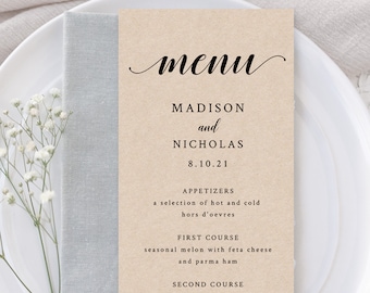 Wedding Menu Template - Rustic Wedding Menu - Printable Menu - edit in TEMPLETT - print on Kraft, Madison