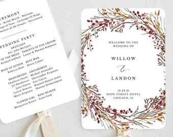 Rustic Wedding Fan Program Template, Printable Winter Wreath Wedding Program Fan Download, Editable Order of Service #023