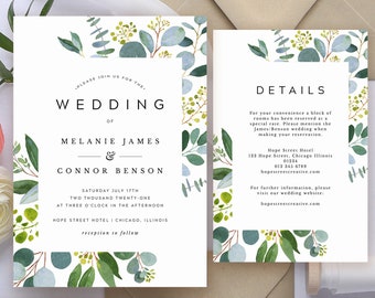 Greenery Wedding Invitation Template, Printable Modern Boho Wedding Invitation Suite, Eucalyptus Instant Download Wedding Invite #029
