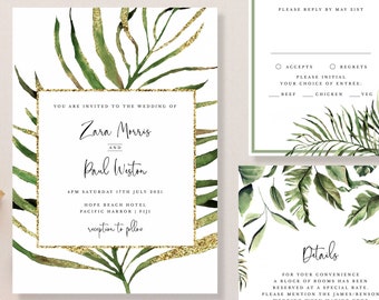 Palm Leaf Wedding Invitation Suite Template, Printable Tropical Greenery Destination Wedding Invite Set, 100% Editable Instant Download #032