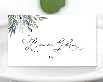 Greenery Wedding Escort Card Template, Printable Modern Calligraphy Tent Wedding Place Card Instant Download #017