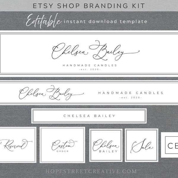 Etsy Shop Banner Set Template, Minimalist Black and White DIY Etsy Branding Kit, Editable Instant Download #039