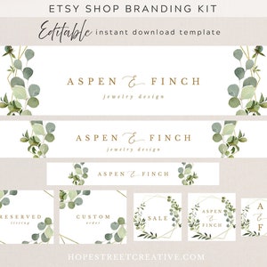 Etsy Shop Banner Set, Greenery and Gold Geometric Etsy DIY Branding Kit, Editable Instant Download 020 image 1