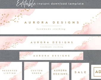 Rosa und Gold Etsy Shop Banner Set Vorlage, Aquarell und Glitzer DIY Etsy Branding Kit, bearbeitbar Sofort Download #038