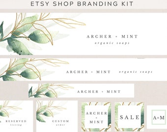 Greenery Etsy Shop Banner Set, Watercolor Green and Gold DIY Etsy Branding Kit, Editable Instant Download #041