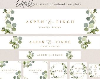 Etsy Shop Banner Set, Greenery and Gold Geometric Etsy DIY Branding Kit, Editable Instant Download #020