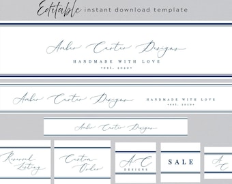 Navy Blue Etsy Shop Banner Set Template, Modern Minimalist DIY Etsy Branding Kit, Editable Instant Download #037
