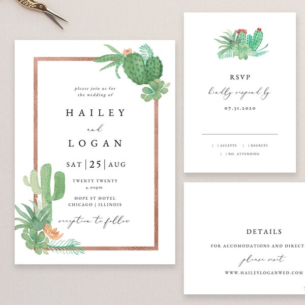 Cactus Wedding Invitation Suite Template,  Greenery Succulent Wedding Invitation Set Printable Template #013 IS1