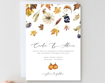 Fall Wedding Invitation Template, Printable Pumpkins and Leaves Autumn Wedding Invite, 100% Editable Instant Download #035