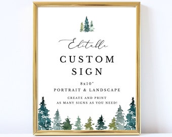 Plantilla de signo de boda personalizada de pinos, plantilla de señalización de boda DIY de vegetación de bosque de retrato y paisaje #019