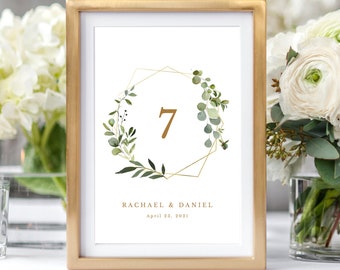 Boho Wedding Table Numbers Template, Printable Gold Geometric and Eucalyptus Greenery Table Number Cards, Instant Download #020