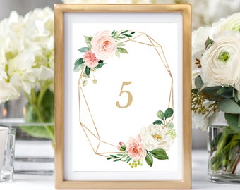 Wedding Table Number Template, Printable Blush Floral Geometric Table Numbers, Table Name Cards, Emma