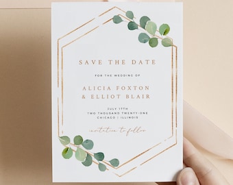 Greenery and Geometric Save the Date Template, Printable Watercolor Leaves Botanical Save the Date Card, 100% Editable Instant Download #027