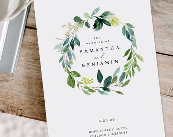 Greenery Wreath Wedding Program Template, Folded Order of Service Printable Booklet, Editable in Templett, Samantha