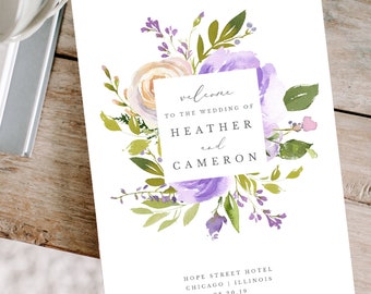 Purple Floral Folded Wedding Program Printable Template, Lavender and Greenery Printable Order of Service #012 FP1