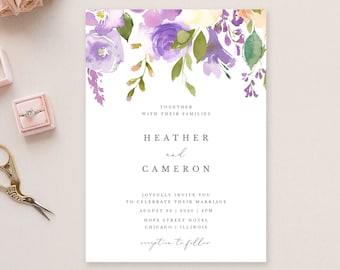 Purple Floral Wedding Invitation Printable Template, Lavender Watercolor Flowers Wedding Invite #012 WI1