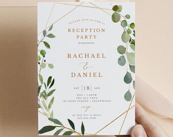 Wedding Reception Invitation Template, Printable Eucalyptus Greenery and Geometric Reception Party Editable Invitation #020