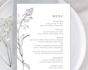 Elegant Wedding Menu Template, Printable Floral Botanical Wedding Dinner Menu Card Instant Download #021