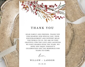 Printable Wedding Thank You Note, Wedding Table Thank You Card Template, Winter Wreath Thank You Place Card #023