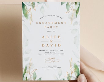 Greenery Engagement Party Invitation Template, Printable Green and Gold Boho Engagement Invitation, Editable Instant Download #026