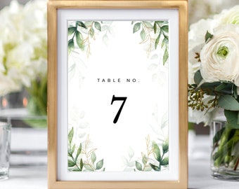 Greenery and Gold Wedding Table Numbers Template, Printable Botanical Table Number Cards, Boho Wedding Table Name Cards, 100% Editable #026