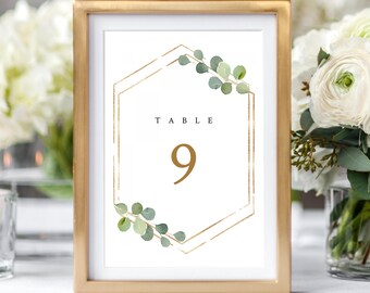 Printable Geometric and Greenery Wedding Table Numbers, Table Number Cards Template, Boho Wedding Table Name Cards, 100% Editable #027