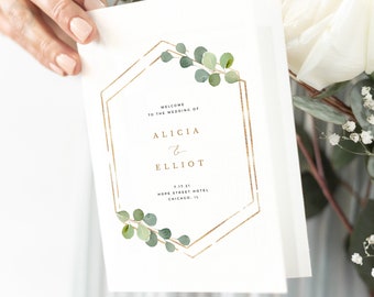 Printable Folded Wedding Program Template, Greenery and Geometric Botanical Wedding Program Booklet, Editable Order of Service #027