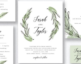 Greenery Wedding Invitation Printable, Wreath Wedding Invitation Suite Template, Printable Rustic Wedding Invite Set, EDIT in TEMPLETT Sarah