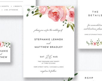 Floral Wedding Invitation Template, Blush Wedding Invitation Suite, Printable Watercolor Wedding Invitation, EDIT in TEMPLETT, Stephanie