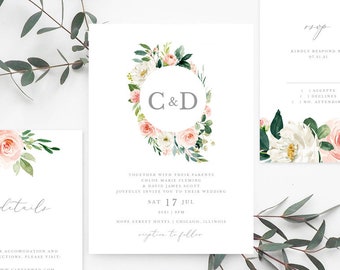 Monogram Wedding Invitation Suite Printable, Gold Floral Wedding Invitation Printable Template, Boho Garden Wedding Invite, TEMPLETT, Chloe