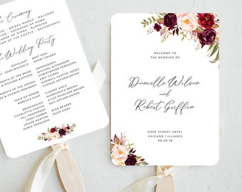 Floral Wedding Program Fan, Printable Wedding Fan Program Template, Burgundy Wedding Fan Program Template, EDIT in TEMPLETT, Danielle