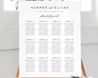 Black and White Seating Chart, Printable Wedding Seating Chart Template, Minimalist Seating Chart, Table Plan, EDIT in TEMPLETT, Harper