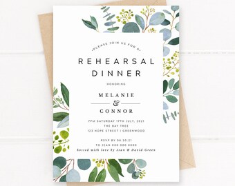 Greenery Rehearsal Dinner Invitation Template, Printable Modern Wedding Rehearsal Dinner Invite, 100% Editable Instant Download #029