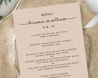 Plantilla de menú de boda rústico - Menú de boda imprimible - imprimir en tarjeta Kraft - TEMPLETT - Brianna