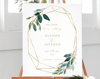 Geometric Wedding Welcome Sign, Gold and Greenery Wedding Welcome Sign Printable Template, Wedding Signage, TEMPLETT, Autumn