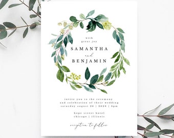 Greenery Wedding Invitation Template, Printable Wreath Wedding Invite, Wedding Invitation Printable Template, TEMPLETT, Samantha