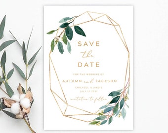 Geometric Save the Date Printable, Gold and Greenery Save the Date Printable Template, Editable Save Our Date Card, TEMPLETT, Autumn