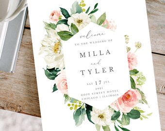 Printable Folded Wedding Program Template, Blush Floral Order of Service Booklet for Boho Wedding, Milla