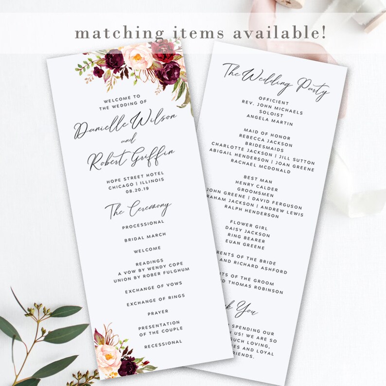 Floral Wedding Program Folded Printable Wedding Program | Etsy