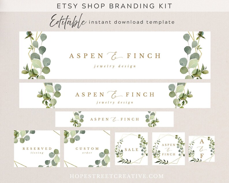 Etsy Shop Banner Set, Greenery and Gold Geometric Etsy DIY Branding Kit, Editable Instant Download 020 image 1