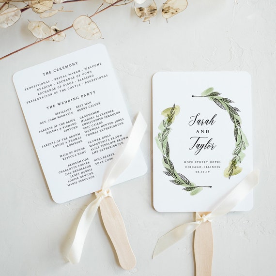 Greenery Wedding Fan Program Printable Wedding Program Fan Etsy