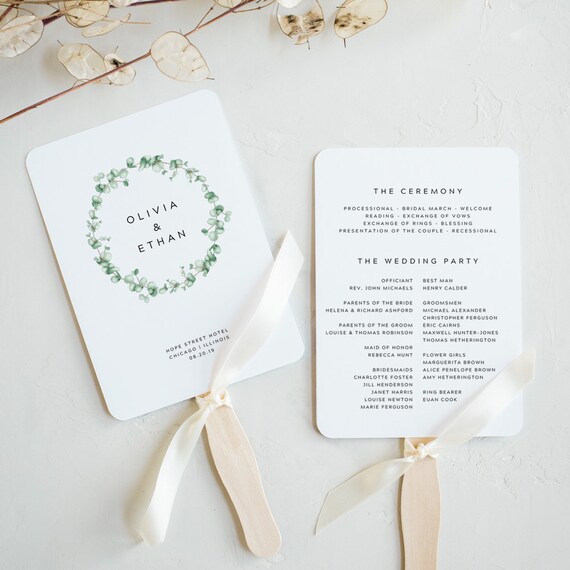 Greenery Wedding Program Fan Printable Template Wedding Fan Etsy